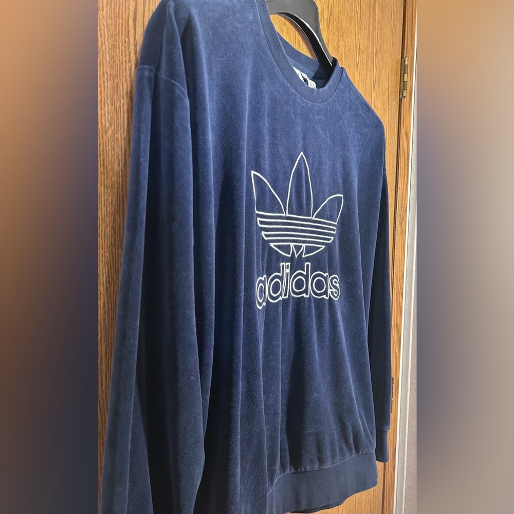 Adidas Trefoil Blue Velour Crewneck Sweatshirt - Picture 4 of 7